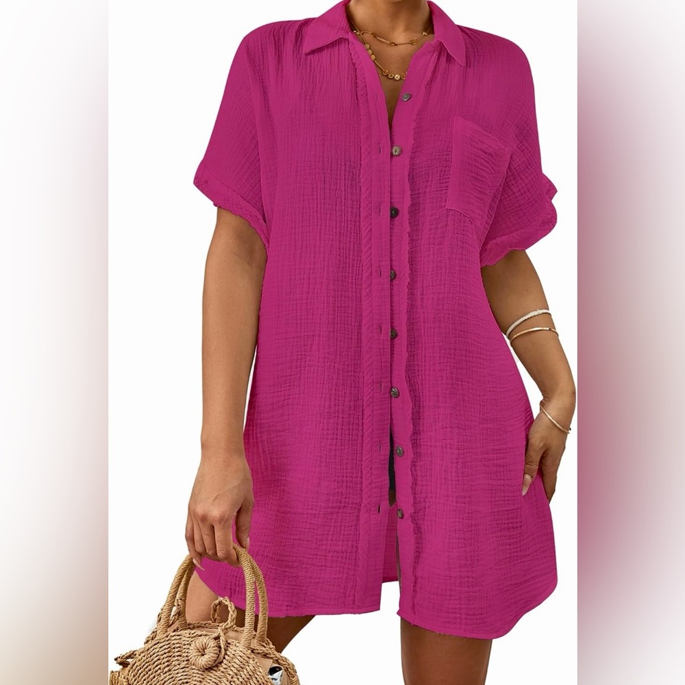 NWT BSUBEACH Pink dress swim cover shirt dress with ruffled sleeves